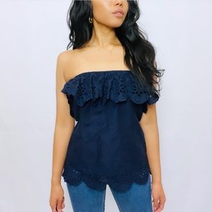 Milly | Blue 100% Cotton Eyelet Lace Ruffle Strapless Top with Scalloped Hem  4